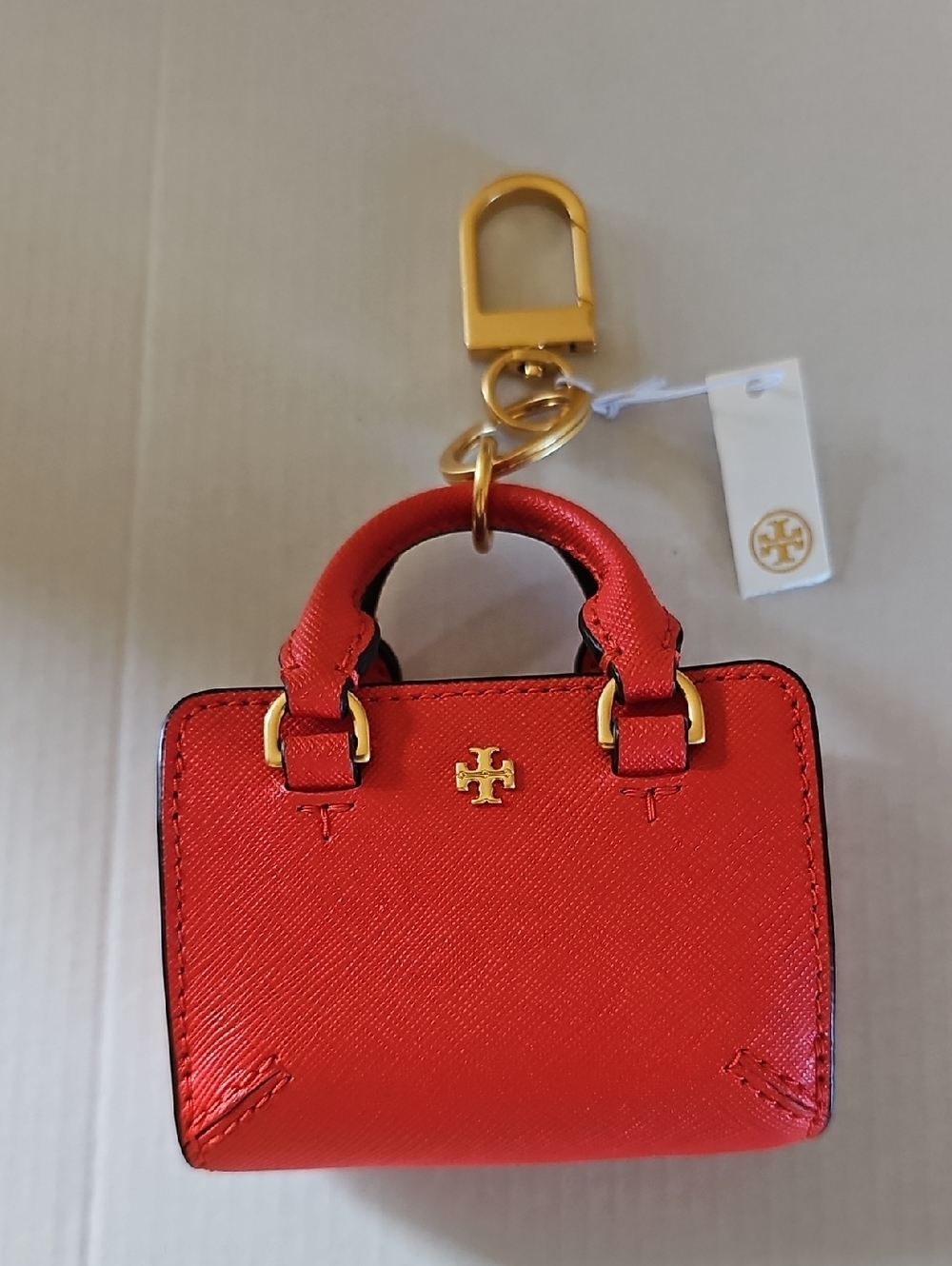 TORY BURCH ROBINSON MINI TOTE KEY FOB BAG CHARM IN BRIGHT SAMBA COLOR
